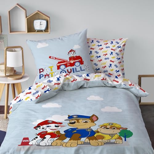 OMYDREAM Pat Patrouille Patboy Parure de lit Enfant 1 Place | 100% Coton | Oeko-TEX | Housse de Couette 140x200 cm + Taie d'oreiller 63x63 cm | Bleu