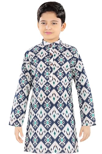 Image of TinySteps Boys Cotton Kurta Pajama | Traditional Ethnic Wear Pure Cotton Printed Kurta With Elastic Waist White Pajama