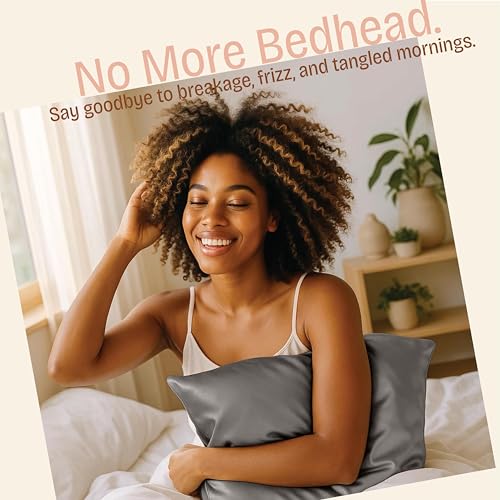 Image of BLISSFORD Satin Pillowcase with Zipper, for Hair and Skin Care, Feels Soft and Cool Like a Silk Pillowcase, Satin Pillow Cases 2 Pack, Slik Pillow Cover, Dark Grey - Queen Size