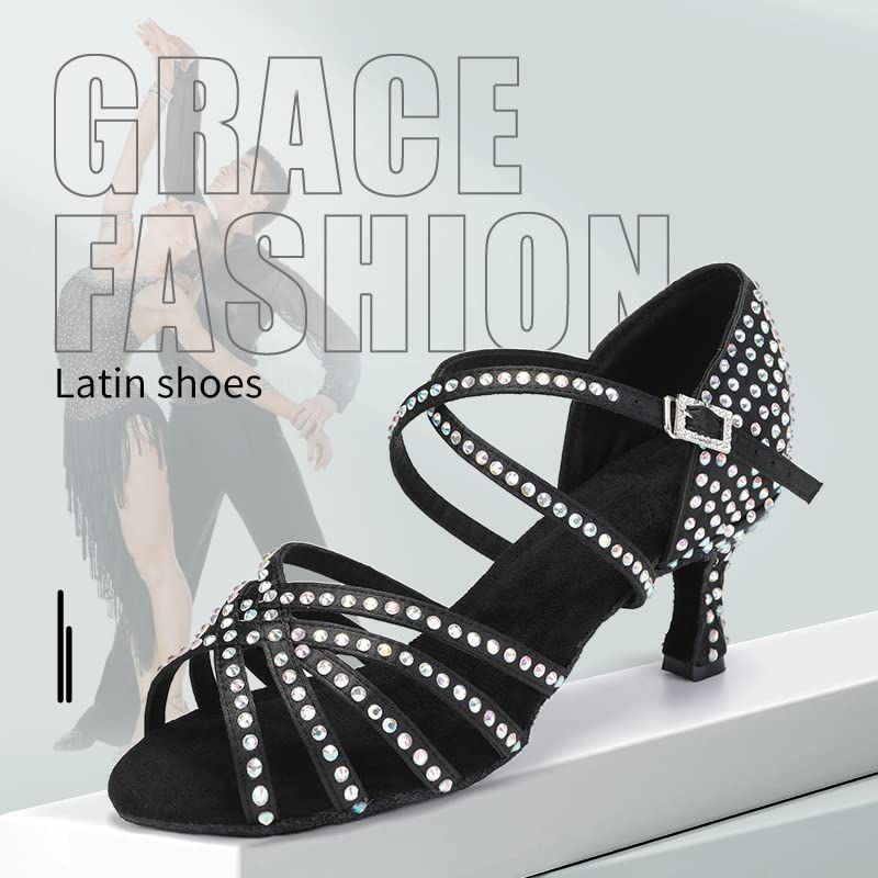 DKZSYIM Women's Satin Latin Dance Shoes Rhinestone Ballroom Salsa Performance Practice Dancing Shoes,AFCT40403-Black-6.5,US 8.5