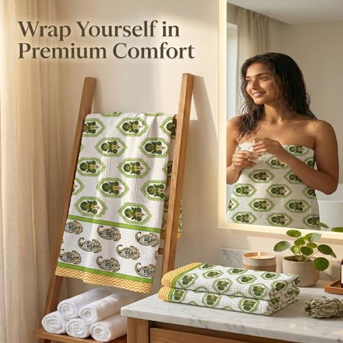 Image of Mafatlal Madhuban Cotton Waffle Set (1 Bath 147x76 cm + 2 Hand 76x38 cm) | 250 GSM | Quick Dry, Hand Printed Floral | Irish Green