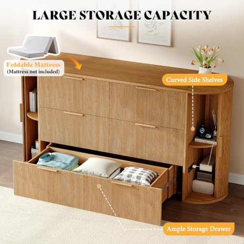 Image of AMERLIFE Full Murphy Bed with Storage Bedside Shelves & Sliding Tambour Door, Modern Cabinet Bed with Charging Station & Curved Fluted Design for Bedroom /Guest /Home Office, Natural Oak