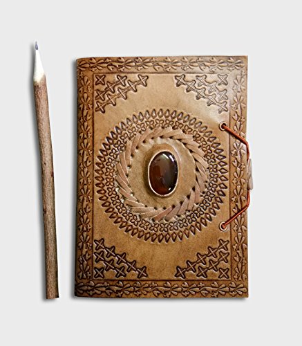 Image of SPcreation Brown Gods Eye Stone Leather Handmade Notebook Blank Diary with Azadirachta indica's (Neem) Pencil