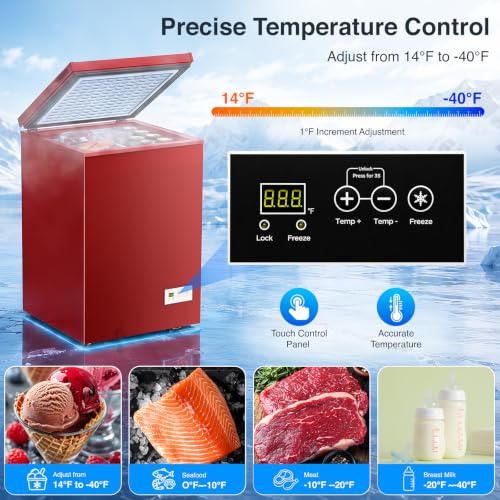 Image of Kismile 3.5 Cu.Ft Compact Chest Freezer, Ultra-Low Temperature Deep Freezer (-40F to 14F), Energy-Efficient, Digital Adjustable Thermostat, Top-Opening Door with 2 Removable Baskets, Red
