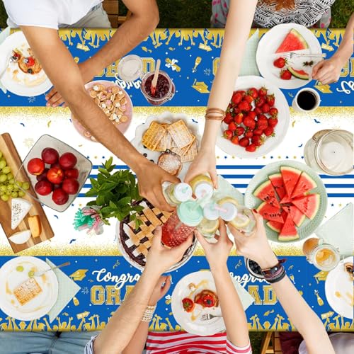 Image of chiazllta Set of 3 Graduation Tablecloths Class of 2026 Congrats Grad Blue Graduation Party Tablecover Decorations Party Supplies Large Size Plastic 54 inchx108 inch(Blue & Gold)