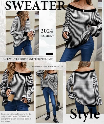 Image of MARZXIN Women's 2026 Fall Long Sleeve Sweaters Casual Loose Striped Off Shoulder Casual Oversized Knitted Sweater Pullovers
