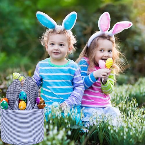 Image of Easter Basket Seersucker Egg Hunt Bunny Baskets for Kids with Cute Rabbit Ears Stripe Storage Gifts Candies Personalized Easter Party Gifts