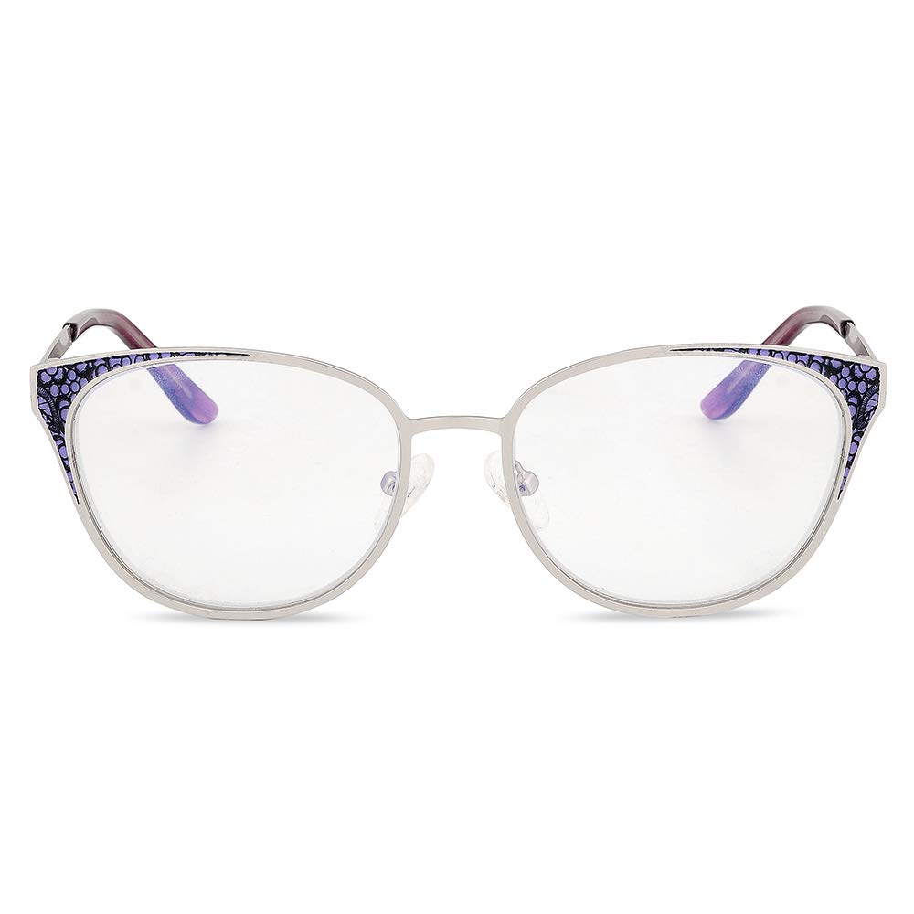 GudzwsBlue Rays Blocking Filter Reading Glasses Metal Pattern TR Tips Spring Hinges Soft Pads Anti Vertigo Fatigue Fashion Readers Women Blue +3.50