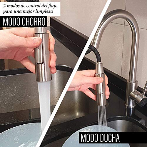 LARDECOR-Grifo-Cocina-Extraible-Acero-Inoxidable-Cano-Giratorio-360-Monomando-Diferentes-Modos-de-Rociado-Fregadero-sin-Plomo-Menor-Consumo-Mangueras-Internas-Flexibles-Haifoss-SILVER