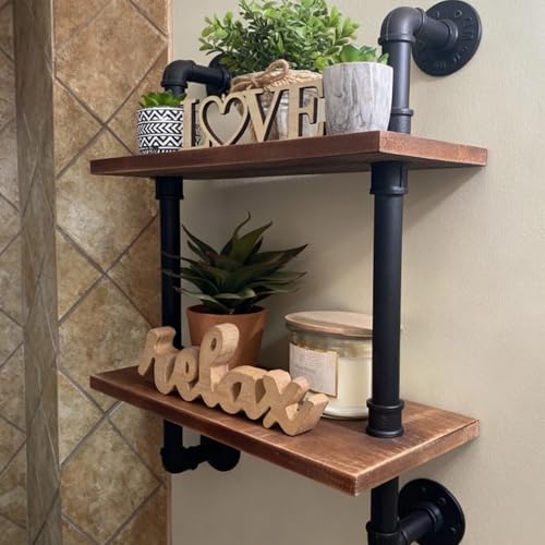 ROGMARS Industrial Pipe Floating Bathroom Shelves Rustic Wood Ladder Bookshelf Wall Mounted Rustic Wood Shelf for Living Room Decor and Storage 15 inch (2 Tier)