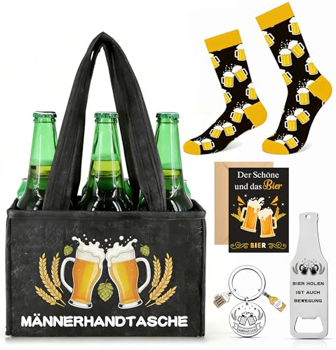 Wryzorix Männerhandtasche Bier Geschenkset Geburtstagsgeschenk Mann Geburtstagsgeschenk für Männer Bier Handtasche Socken Flaschenöffner Schlüsselanhänger & Karte Biergeschenke Männer (Männer)