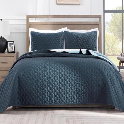 Exclusivo Mezcla Reversible Full Queen Quilt Bedding Set with Pillow Shams, Lightweight Quilts Queen Size, Soft Bedspreads Bed Coverlets for All Seasons - (Navy Blue, 90"x96")
