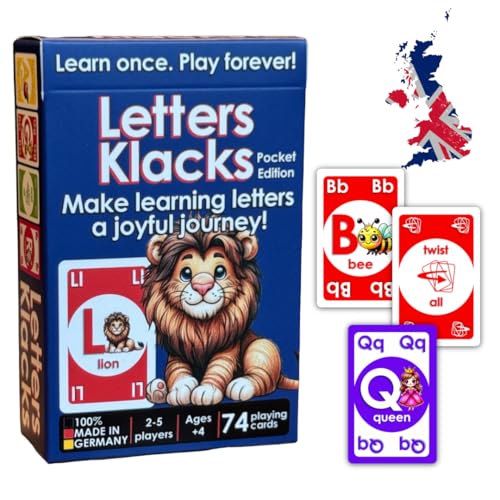 Alster- und ElbHarmonie Letters Klacks Pocket Edition, Englisches Alphabet Kartenspiel für Kinder ab 4 Jahren, Mau-Mau Lernspiel, 74 Spielkarten, Made in Germany