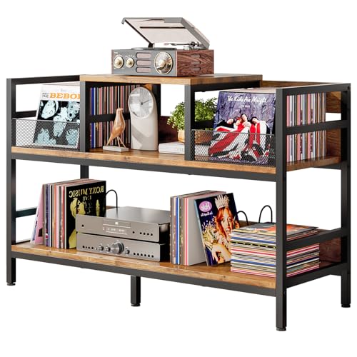 Uptyia Mueble para Tocadiscos con Almacenamiento de Vinilos, Estantería Retro de 3 Niveles para CD y DVD, Soporte para Reproductor de Discos y Altavoces, Capacidad 350 LPs, 116.5×37×77.5cm