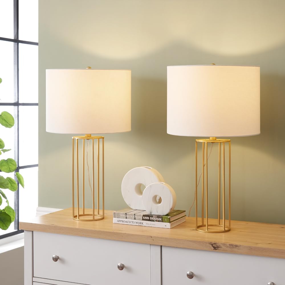 Sabastian Modern Luxury Table Lamps, 26” Tall, Gold Table Lamps Set of 2, Living Room, Bedroom Table Lamps with Fabric Shade for Bedroom, Living Room, Home Office, LED Bulb Included