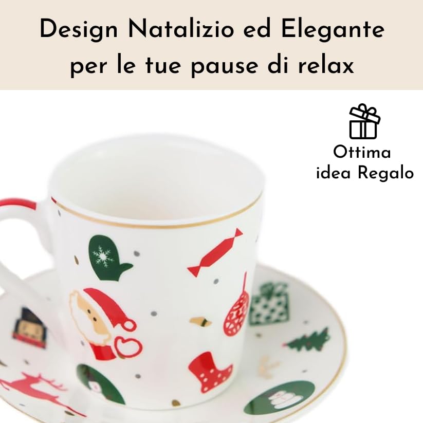 Tazzine Caffè, Set 6 Pezzi Fantasia del Natale in Porcellana con Piatto – Tazzine Caffè Particolari con Decorazioni Natalizie e Idea Regalo Natale per la Tavola delle Feste