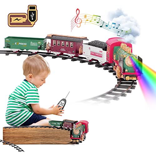 KNULIEEL Remote Control Train- Rechargeable Battery and Remote- Christmas Train Sets with Real Smoke, Music & Lights - Electric Train Toy Gift Toys for 3 4 5 6 7 8+ Year Old Kids