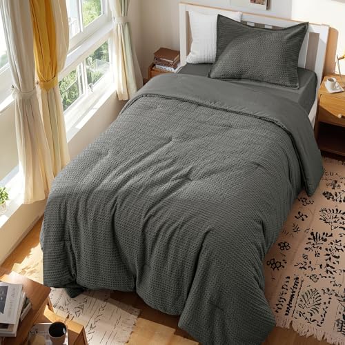 Image of PHF Soft Waffle Comforter Set Twin Size- Comfy Breathable Waffle Weave Comforter with 1 Pillow Shams, 2 Pieces Less Snagging Lightweight Textured Bedding Set for All Season, Grey