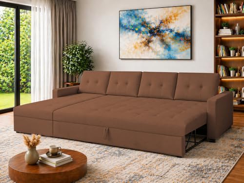 Image of Emilio 6 Seater LHS L - Shape Pull-Out Sofa Cum Bed Sofa for Living Room (Brown Fabric Color) Premium Fabric Sofa Set for Living Room Sofa Cum Bed