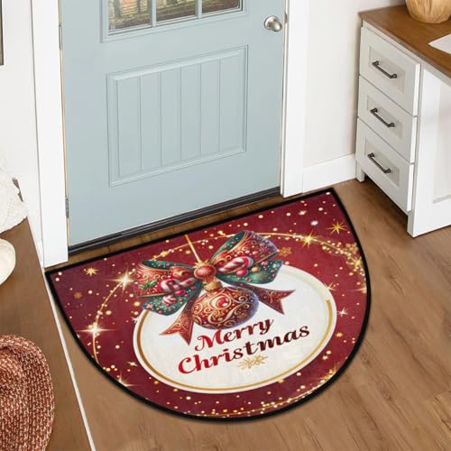 Image of cfpolar Christmas Red Bells Half Round Door Mat Outdoor Entrance Large 24 inchx36 inch Half Circle Welcome Entrance Way Mat Semi Circular Front Door Mat Area Rug for Garage, Patio, High Traffic Areas