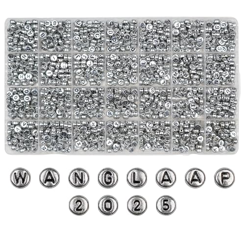 WangLaap 1450Pcs Silver Acrylic 4x7mm Round Letter Beads Kits Alphabet A-Z (Extra for Vowel Letter) and Number Beads for Bracelets Necklaces Jewelry Making (Silver, 4x7mm)