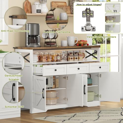 Credenza 140 cm, bianco marrone, credenza con 3 cassetti e 2 ante | Credenza in stile rustico con ante decorative a forma di X, 3 cassetti e 2 armadi, robusto MDF, molto spazio