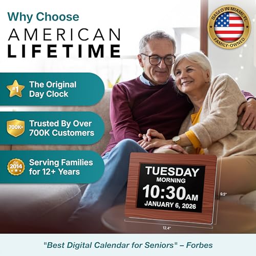 Image of American Lifetime New 2026 Dementia Clock Large Digital Clock for Seniors, Alzeimer Clock Large Display with Custom Alarms, Clock with Day & Date for Elderly, Digital Calendar Premium Brown Wood 12 inch