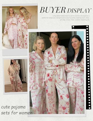 Image of Arssm Satin Pajama Set for Women Silk Pajamas Set 2 Piece Floral Pj Set Long Sleeve Button Down Pjs Sleepwear