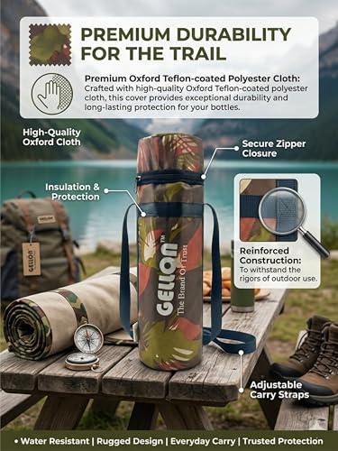 Image of Gellon Zip Bottle Cover In Teflon Coating Polyester Cloth For 750 ML, 1 L to 1.5 Litre Water Proof Drawstring Closer For Travel, Hiking, Office & School Kids In Military 2 Pattern