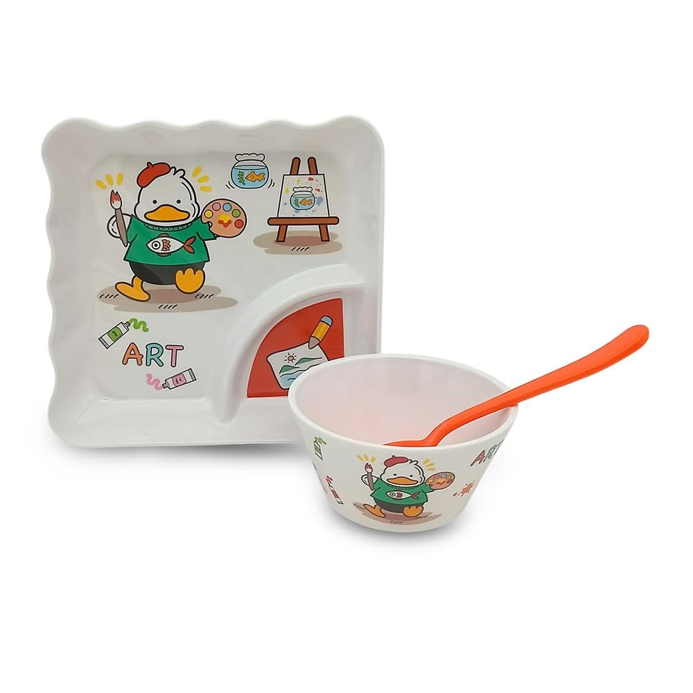 Superware Melamine Kids Duck Design Sandwich Plate Spoon Set of 3 Durable Cute Food Serving Dinnerware for Children Mealtime-image-24