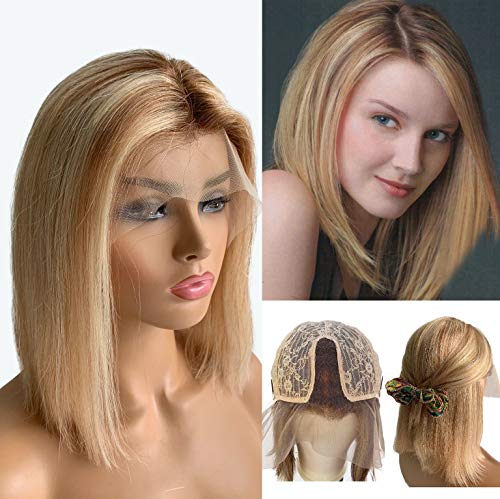 Blonde Highlight Bob Wigs Human Hair Brazilian Ombre Lace Closure Wig Natural Hairline Short Bob Wig Straight Hair Pre Plucked T Part Short Wig 12 Inch Balayage Medium Brown Root 150% Density