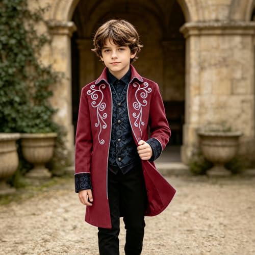 Image of Kids Medieval Steampunk Jacket Boys Victorian Renaissance Tailcoat | Victorian-style embroidery and loose fit to move freely without restriction for Halloween, performances and cosplay