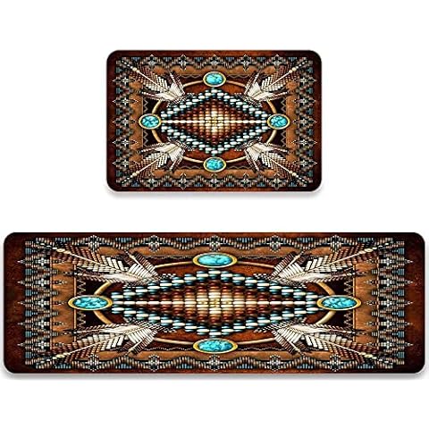 JILANGCA Rustic Southwestern Kitchen Rug Set of 2 Tribal Native American Indian,Washable Kitchen Mat Geometric Cushioned Floor Mats Anti Fatigue Non-Slip Kitchen Runner Rugs,17.7"x47.2"+17.5"x29.5" Cover