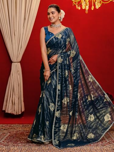 Image of SIRIL Women's Georgette Foil Printed Saree with Unstitched Blouse Piece