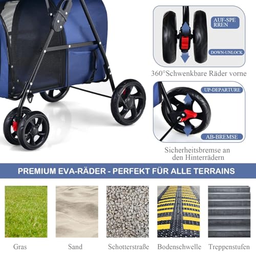 FANTASK 2 Etagen Hundewagen mit Netzfenstern & Getränkehalter, Haustiere Buggy bis 16kg, Katzenbuggy für 2 kleine Hunde Katzen, Hundebuggy& Anhänger in Blau