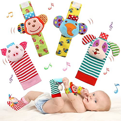 Image of SSK Soft Baby Wrist Rattle Foot Finder Socks Set,Cotton and Plush Stuffed Infant Toys,Birthday Holiday Birth Present for Newborn Boy Girl 0/3/4/6/7/8/9/12/18 Months Kids Toddler,4 Cute Animals