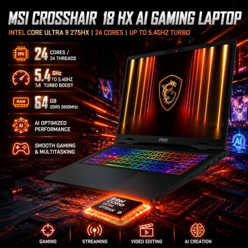 Image of msi Crosshair 18 HX AI 18 inch Gaming Laptop, Intel Core Ultra 9 275HX (24 Cores, Up to 5.4 GHz), NVIDIA RTX 5070, 18 inch QHD+ (2560 x 1600) 240Hz, 64GB RAM DDR5, 1TB NVMe SSD, Windows 11 Pro, W /Accessories