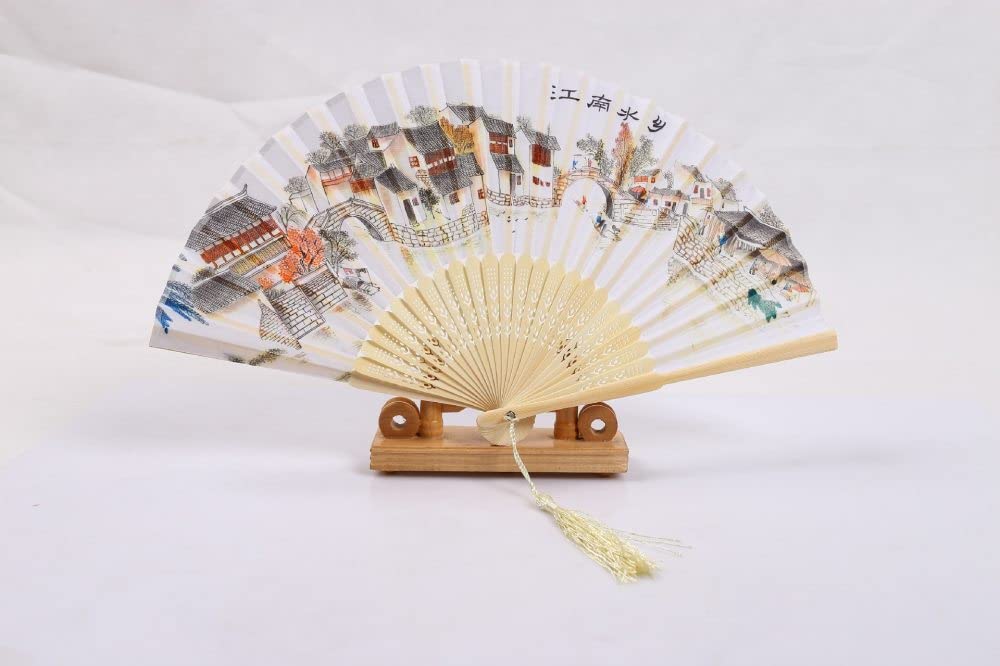 NZPOST Hand Fan Folding, 2Pcs Handheld Hand Fans Exquisite Jiangnan House Silk Folding Fan With Yellow Tassel Large Japanese Chinese Bamboo Fans For Dancing Party Wedding Home