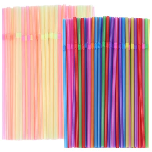 YAOSHENG 200PCS Disposable Plastic Drinking Straws - Flexible Straws Disposable Long Colorful PP Plastic Striped Assorted Colors for Home Use Milk Juice Drinks.8.25
