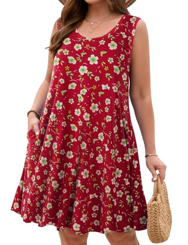 Image of JollieLovin Women Plus Size Curvy Summer Tank Sun Dresses Sleeveless Causal T-Shirt Dress Beach Swing Cover up(L-5X)