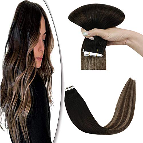 Black Ombre Tape in Extensions Human Hair Natural Black to Dark Brown with Ash Blonde Balayage Seamless Tape in Hair Extensions Real Hair 22 Inch 20pcs 50g