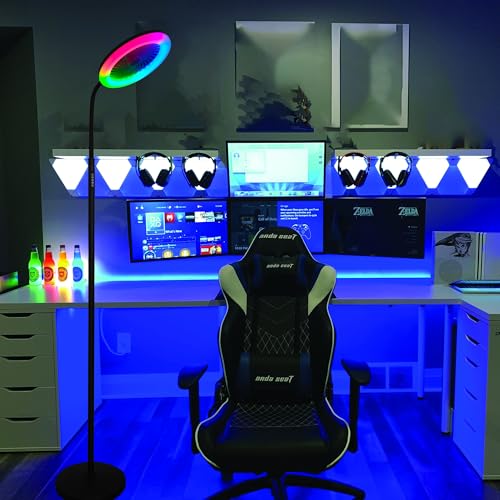 Image of Floor Fan with RGB Lights and Remote, 3 Speeds Standing Floor Lamps with Button, Vertical LED Fan, 3000K-6500K Stepless Dimming for Office Kid Room Bedroom, Adjustable Height