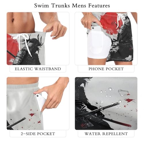 Mens Swim Trunks with Liner, Samurai Moon Red Retro Cool Quick Dry Beach Swim Shorts, Swimwear Bathing Suits S3