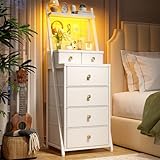 EnHomee 51H White Tall Nightstand, Bedside Table with Light for Bedroom,Dorm Night Stand with 6 Drawers and Mesh Organizer for Entryway,Hallway, End Table with Sturdy Steel Frame, Wooden Top