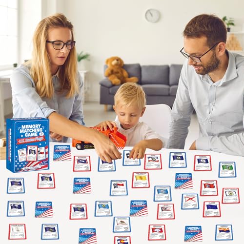 Image of gisgfim 100 PCS Memory Matching Game Flags of U.S. States Concentration Memory Card Educational Cards Games Geography Learn States Capitals Game Gift for Kid Adults Learning Activities Matching Games