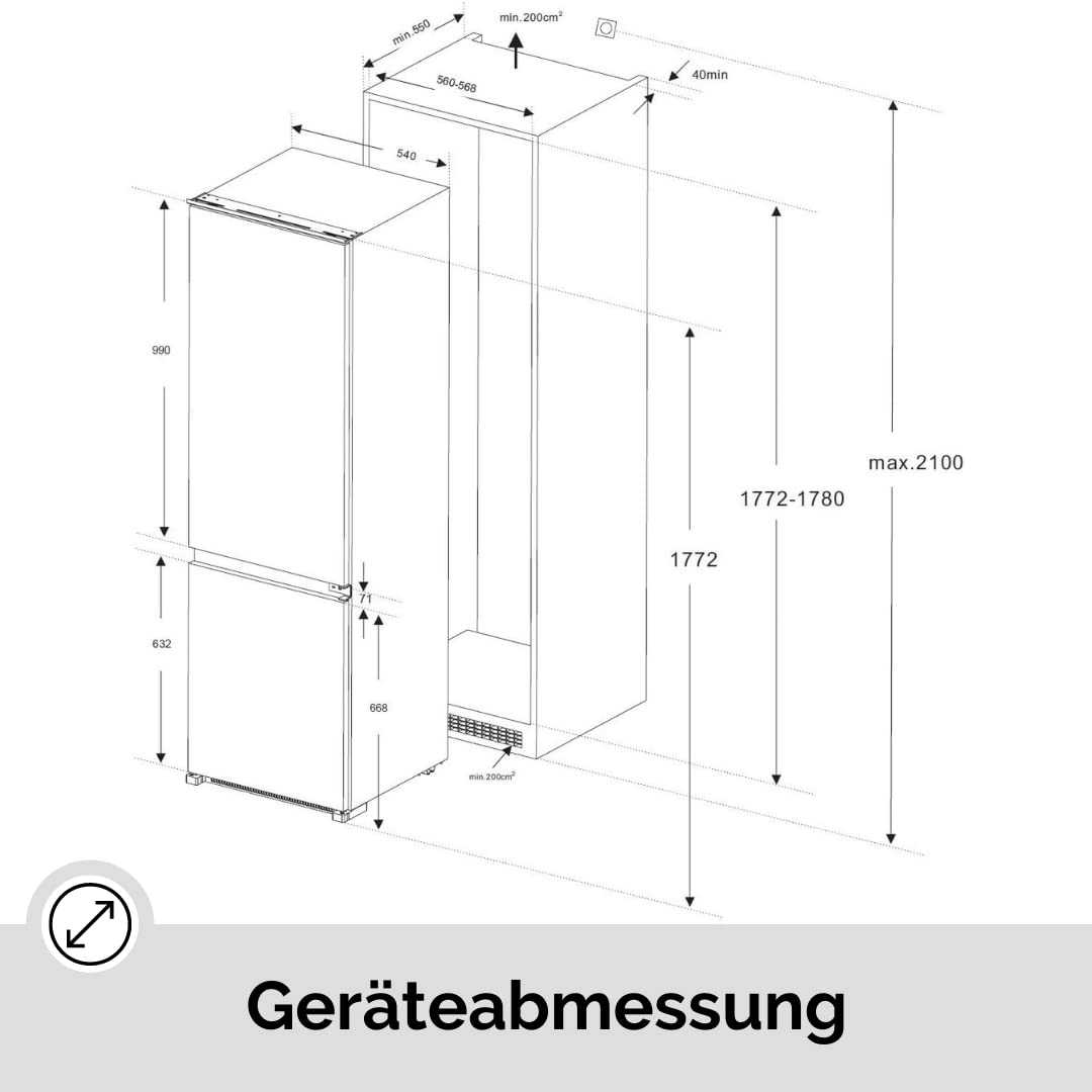 Wolkenstein WKG257.4NF EB Einbau Kühl-Gefrierkombination 246l Kühlen 63l Gefrieren LED Kühlschrank integrierbar No Frost wechselbarer Türanschlag leise