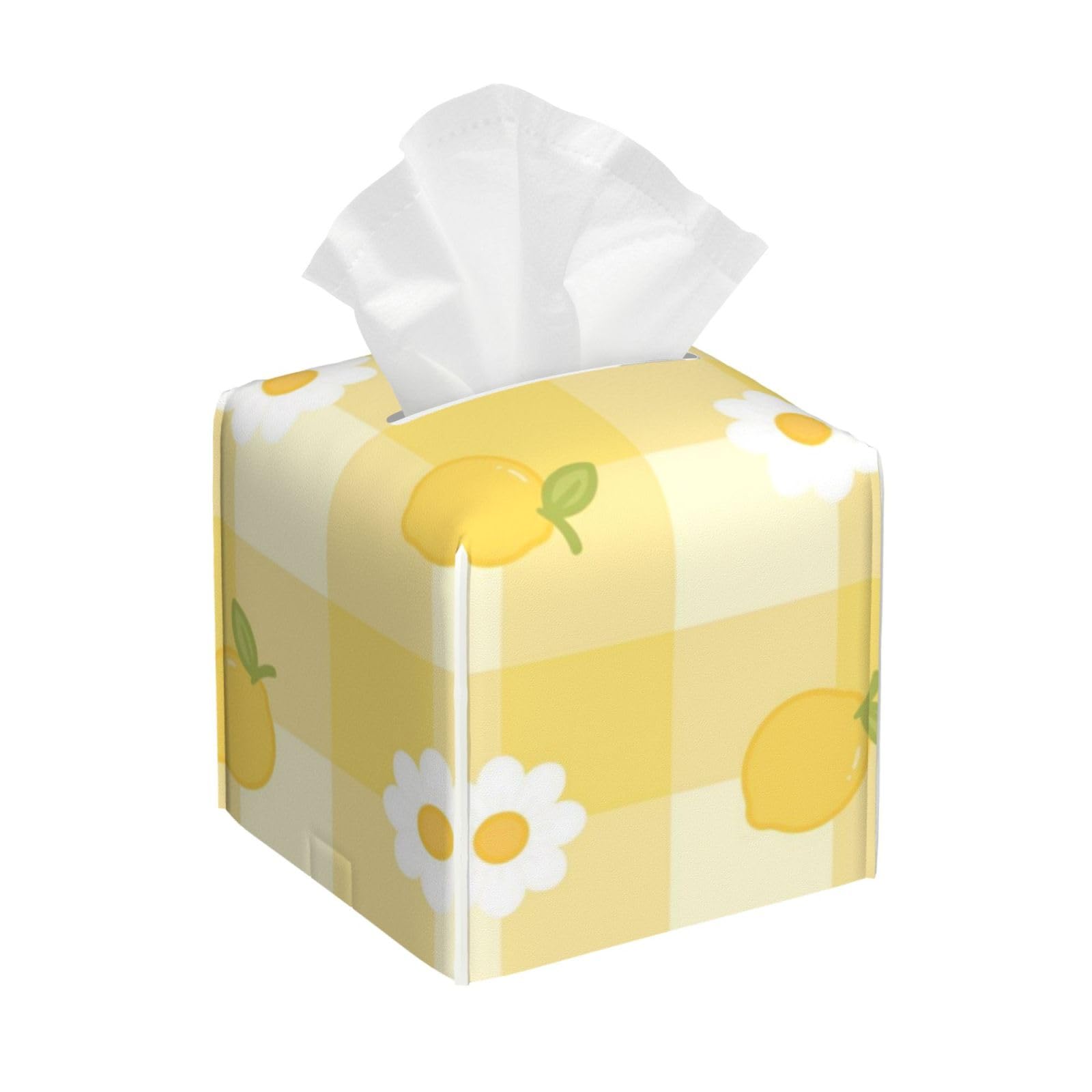 Cute Lemon & Daisy Gingham Tissue Box Cover 5" Square Leather Tissue Holder Facial Tissue Case for Tabletop Bedroom Bathroom Desk Decor