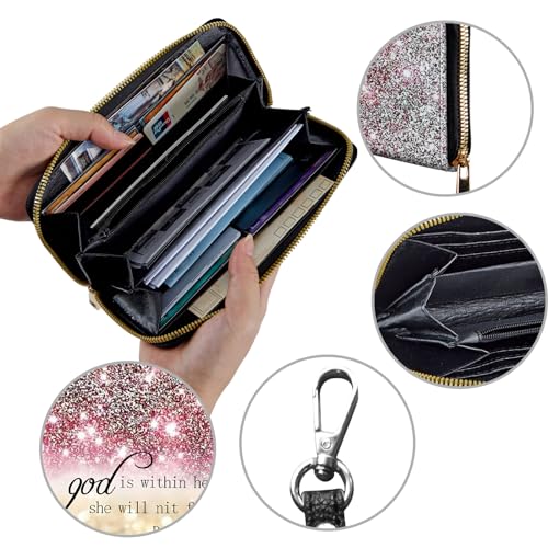 Image of Women's Wallets,Credit Card Holder Money Leather Long Wallet with Wristlet,Large Capacity with Zip-Around Phone Purse for Women Ladies Girls,Pink Glitter Psalm 46:5