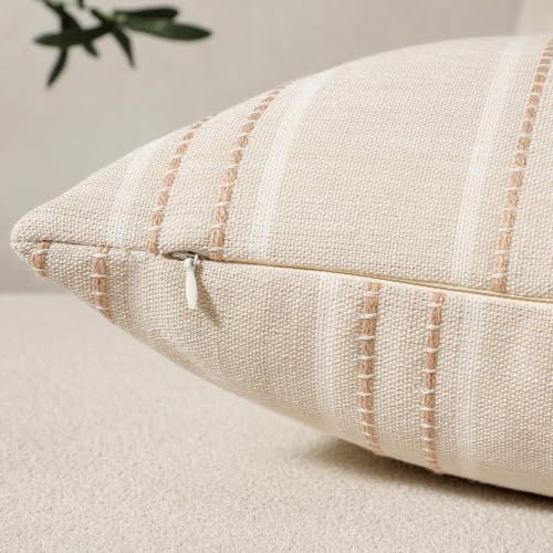 Image of Hckot Stripe Throw Pillow Covers 12x24 Lumbar Khaki Farmhouse Pillow Covers | Modern Decorative Pillows Textured Linen Cushion Covers for Sofa Couch Bed Living Room Decor