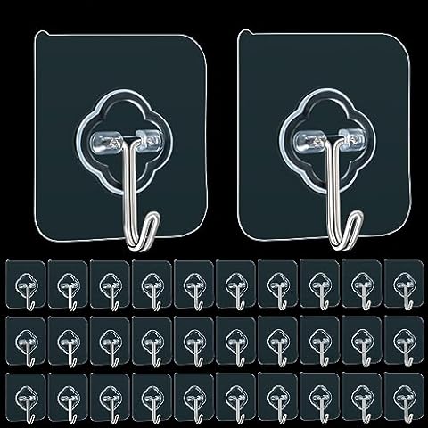 Adhesive Hooks, 32 Pack 33lb(Max) Sticky Hooks, Transparent Reusable Removable Adhesive Hooks for Hanging, Wall Hooks for Hanging Can be Use for Kitchen Bathroom Shower Outdoor Home Improvement Cover